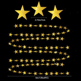 GCQQ Beauty Star Garland Gold, 52Ft Star Christmas Garland, Glitter Star Banner Garland, Star Backdrop Streamer for Christmas Tree, Graduation, Wedding, Baby Shower, Birthday Party Decor