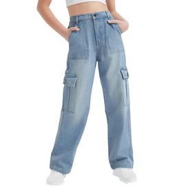 EXARUS Girls Jeans Baggy Pants Wide Leg Cargo High Elastic Waistband Kids Straight Denim Loose Pant with Pockets Youth Trousers Mid Blue Wash 14Y
