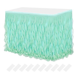 MECCANIXITY 14ft Mint Green Tutu Table Skirt, Tulle Curly Willow Table Skirt for Rectangle Tables, Ruffle Table Skirt for Birthday Wedding Gender Reveal Party