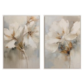 Kate and Laurel Sylvie Beaded Abstract Botanical Floral Linen Painting 1 and 2 Vintage Framed Canvas Wall Art Set by The Creative Bunch Studio, 2 Piece Set 23x33 White, Simple Floral Art for Wall