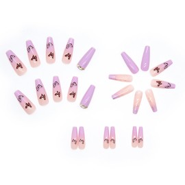 Press on Nails Long Ballet Shaped 3D Rhinestones Butterfly False Nails with Design Purple French Artificial Acrylic Nails Full Cover Glossy Reusable Coffin Fake Nails Glue on Nails for Women 24Pcs