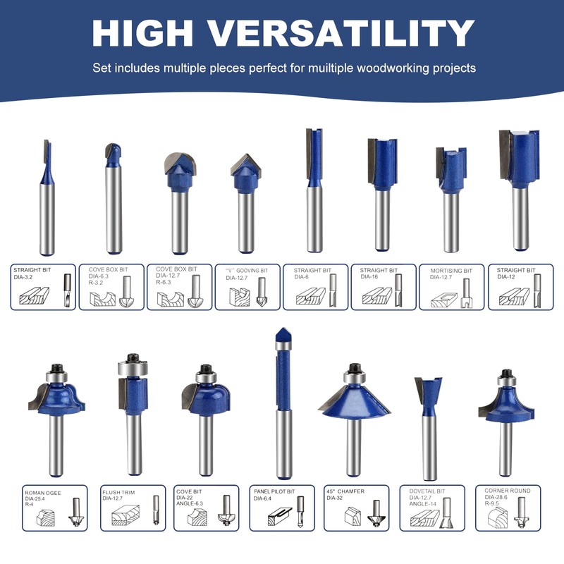 Yueqing Zhongji 1/4 Inch Router Bits Set 15 Tungsten Carbide