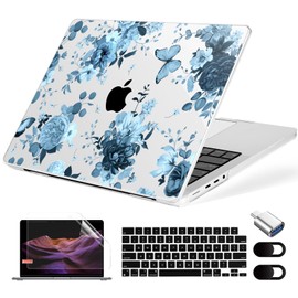 MecBevia for MacBook Pro 16 Inch Case (2025–2021, M4/M3/M2/M1 Pro & Max, Model A3403 A3186 A2991 A2780 A2485), Hard Shell & Keyboard Cover, Screen Protector, Webcam Cover, Adapter, Blue Flowers
