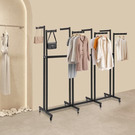 ZHFEISY Floor Standing 8 Arms Garment Rack, Heavy Duty Metal Clothing Display Rack With Wheels, 3.8'-5.25' Height Adjustable Mobile Square Tubing Retail Display Racks For Hanging Clothes