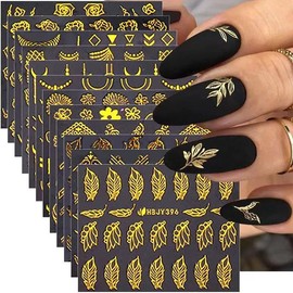 Gold Flowers Nail Stickers Decals,3D Gold Line Nail Supplies Golden Lace Leaf Self-Adhesive Nail Art Decoration Flower Line Acrylic Nail Designs DIY Manicure Decoration for Women Girls