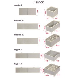 TENABORT 12 Pack Foldable Drawer Organizer Dividers Cloth Storage Box Closet Dresser Organizer Cube Fabric Containers Basket Bins for Underwear Bras Socks Panties Lingeries Nursery Baby Clothes Gray