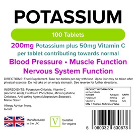 Lindens - Potassium 200mg Tablets with 50mg Vitamin C - 100 Tablets - UK Made - Contributes to Normal Blood Pressure, Muscle Function and Nervous System Function - Letterbox Friendly, Vegan