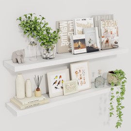 Fun Memories Floating Shelves for Wall, 36" Rustic Wood Deep Wall Mounted Shelves with Invisible Brackets for Decor & Storage, Floating Shelf for Living Room, Bathroom (White, Set of 2)