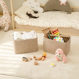 OIAHOMY Cotton Rope Woven Storage Baskets for Shelves, Rectangle Storage Bins with Handles, Towel Basket - Brown