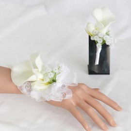 S_SSOY Artificial White Calla Lily Boutonniere Wrist Flowers Suit for Wedding Groom Best Man Bride Bridesmaid Corsage for Wedding Party Prom Event Ceremony Anniversary (Sets)