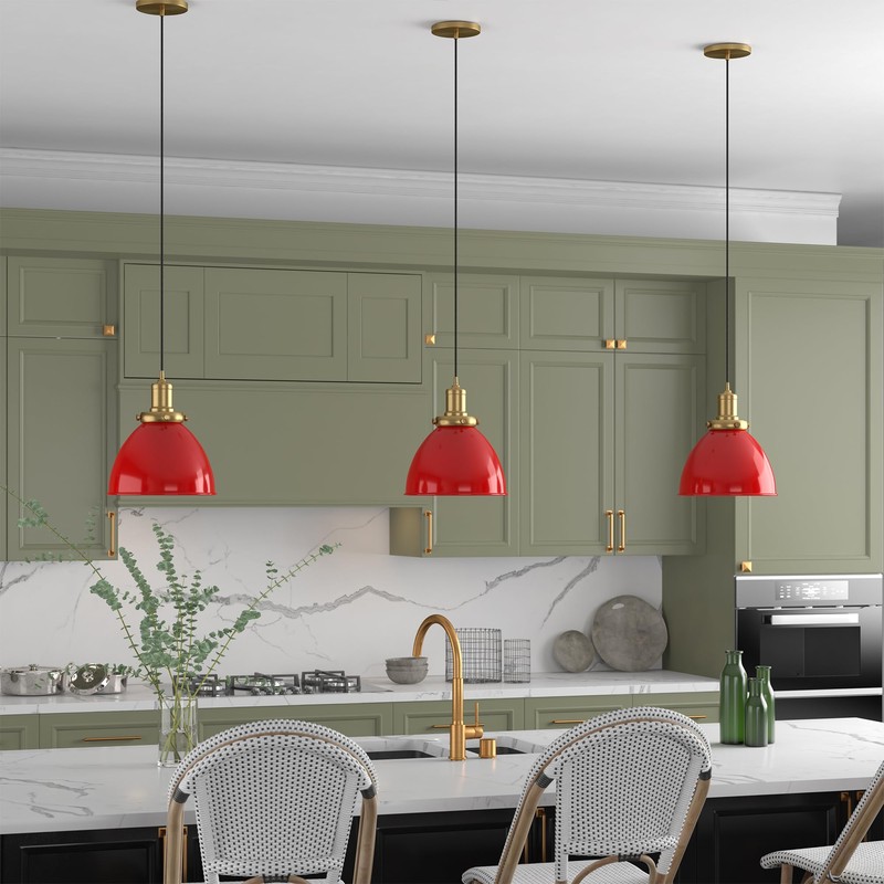 Henn&Hart 12" Wide Pendant with Metal Shade in Coral Red/Gold,