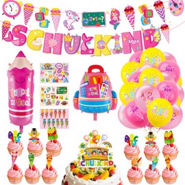 Einschulung Deko Mädchen Schulkind Deko Schulanfänger mit Tortendeko Einschulung Schulanfang Deko Set - Rosa SCHULKIND Girlande + Schultüte Banner + Luftballons Einschulung mit ABC/123/Zuckertüte