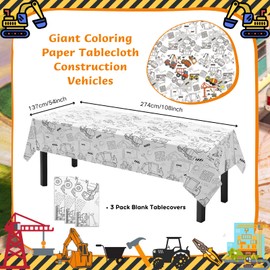 3pcs Disposable Kids Coloring Tablecover Giant Activity Drawing Graffiti Poster Rectangular Blank Construction Vehicle Coloring Tablecloth Art Crafts Coloring Mat for Birthday Party Classroom Supplies