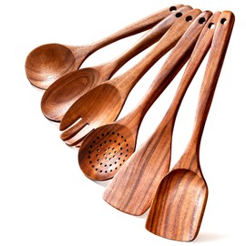 Wooden Spoons for Cooking, 6-Piece Wooden Cooking Utensils Set for Nonstick Pans & Cookware – 100% Natural Teak Wood - Sturdy, Lightweight & Heat Resistant