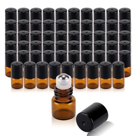 RAMFIYN 60 pack 1ml Amber Glass Roller Bottles for Essential Oils Refillable Roll-on Applicator with Stainless Steel Roller Balls Mini Leak-proof Makeup Containers with Pipettes and Bottle Opener