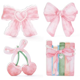 Haooryx Watercolor Tiered Tray Centerpieces - 4Pcs Pink Aesthetic Vintage Bow Book Cherry Wooden Table Topper Decoration Wood Sign for Girls Birthday Party Office Home Dinner Table Decor Supplies