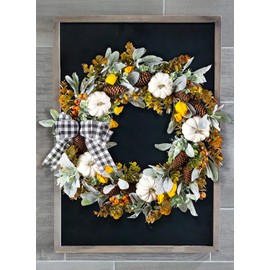 WANNA-CUL 24 inch Large Farmhouse Fall Wreath Decor for Front Door with White Pumpkin,Cotton,Lamb's Ear and Eucalyptus Leaves,Harvest Door Wreath for Autumn or Thanksgiving Decorations