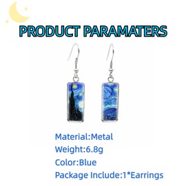 Van Gogh Painted Starry Night Earrings Blue Metal Art Unique Vintage Rectangle Glass for Women Sisters Mothers Dangle Drop Jewelry