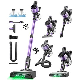 Cordless Vacuum Cleaner, 10 in 1 Stick Vacuum with Powerful Suction, Hose, Green LED Light, Anti-Tangle Brush, Lightweight Rechargeable Vacuum Cleaner for Home, Hardwood Floors,Pet Hair (Purple)