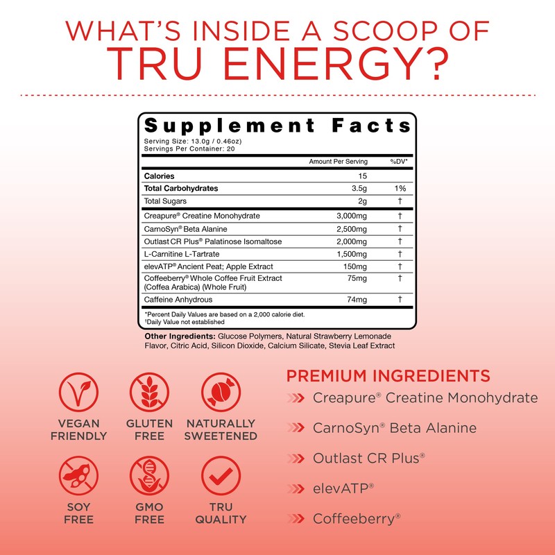 TRU Supplements Energy, Pre Workout Training Formula, Vegan Friendly, No