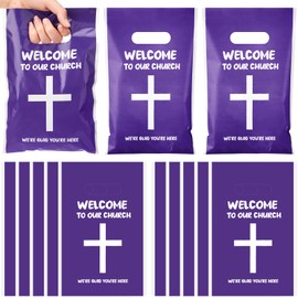 Cholemy 100 Pcs Welcome To Our Church Treat Bags, Church Candy Bags with Handle Christian Events Plastic Goodie Bags Colourful Party Supplies and Gifts Wrapping Bags, 9.84'' x 6.5''