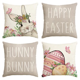 AVOIN colorlife Happy Easter Hunny Bunny Grey Throw Pillow Covers, 18 x 18 Inch Easter Eggs Bunny Spring Cushion Case for Sofa Couch Set of 4