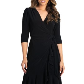 Kiyonna Plus Size Whimsy Ruffled Midi Wrap Dress with Sleeves, Wrap Around Style for Cocktail, Party, Wedding Guest or Work, Black Size 5X (30-32)