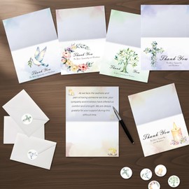 Funeral Thank You Cards with Envelopes & Stickers, 40 Pack 4x6 Inch Folded Bereavement Sympathy Thank You Cards with Message Inside, 5 Watercolor Designs for Memorial Service, Family, Friends & Loved Ones (Watercolor A)