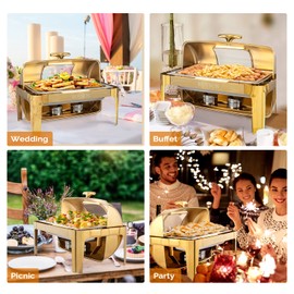 ROVSUN 9QT Chafing Dishes for Buffet, Roll Top Chafing Dish Buffet Set, Stainless Steel Buffet Warmer Chafers and Buffet Warmers Sets with Glass Window for Catering Events Parties Weddings, Gold