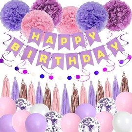 MYUPDALIN Purple Pink Birthday Party Decorations for Women Girls with Happy Birthday Banner,Tassel Garland,Hanging Swirls,Circle Dots Garland,Tissue Paper Pompoms,Party Decor Balloons