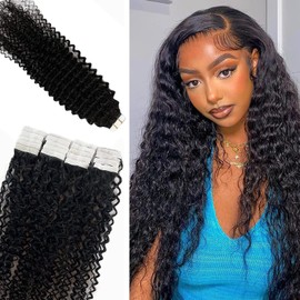 Tape in Hair Extensions Human Hair Kinky Curly Natural Black Double Sided Human Hair Tape in Extensions 20 Inch Real Curly Black Brazilian Remy Human Hair Extensions for Women 20pcs 50g