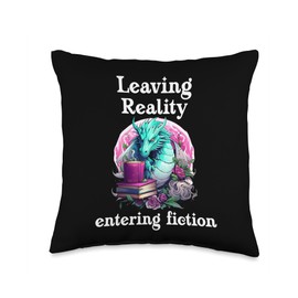 Leaving Reality Entering Fiction Book Dragon Coffee Bookish Throw Pillow