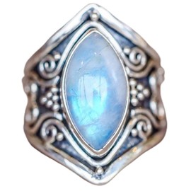 Sdouefos S925 Silver Women's Vintage Natural Moonstone Ring Vintage Horse Eye Cocktail Jewelry (S)