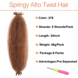 Mscat 61 cm vorgetrennte federnde Afro-Twist-Haarverlängerungen, 8 Packungen, Hellbraun Marley Twist Crochet Braiding Kunsthaarverlängerungen (8 Strähnen/Packung, 27#)
