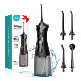 COSLUS Irrigador Bucal, Irrigador Dental Profesional con 4 Boquillas, 4 Modos, Tanque de Agua de 300 Ml, IPX7 Impermeable, Limpiador Bucal Recargable Portátil, Adecuado para Uso Doméstico y de Viaje