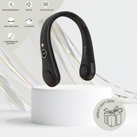 AireLux Cooling Neck Fan, 5-Speed, USB Rechargeable Bladeless Hands-Free Portable Lightweight Quiet LED Display Indoor Outdoor Birthday Xmas Gift Men Women Summer Travel (Midnight Black), BZ-F101A