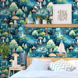 iPaste Mushroom Peel and Stick Wallpaper Whimsical Forest Wallpaper for Nursery Bedroom Bathroom Vintage Green Wall Murals Whimsical Contact Paper for Cabinets Drawers Stick on Accent Walls 17.5"x80"