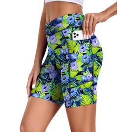 Ekouaer Women's 8.5" Board Shorts High Waisted Swimsuit Bottoms Cross Waist Beach Surf Swimwear with Pocket Green Leaves,XX-Large