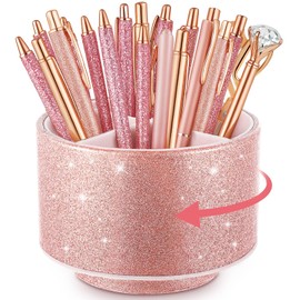 Epakh Pink Pencil Holder for Desk 360 Degree Rotating Bling Rose Gold Pen Organizer PU Leather Glitter Desk Accessories for Gift Women Office Classroom Home Bling Pink(Pen Not Included)