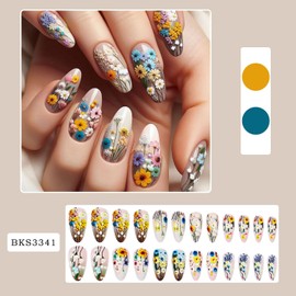 TBRZTR 24Pcs Flower Press on Nails Almond Shaped Medium Colorful Daisy Floral Pattern Design Glossy Artificial Fake Nail Full Cover Acrylic Spring Summer Stick on Nails DIY Glue on Nail for Women