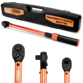 Verda Torque Wrench 8-Piece Set 1/2 Inch 40-220 Nm + 4 Sockets 17, 19, 21, 24 mm + Extension 125 mm + Adapter 3/8 Inch + Case, for Car and Motorcycle, Error Accuracy ± 3%, 72 Teeth Ratchet SN1738