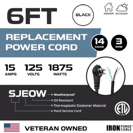 Iron Forge Cable Coiled Replacement Extension Cord 6 ft - 14 Gauge 15 Amp Heavy Duty Power Extension Cords - SJEOW Oil Resistant & Flat Plug Cord Replacement 3 Prong Retracting Coil Cord - Black