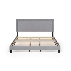 Furinno Laval Double Row Nail Head Upholstered Platform Bed Frame, King, Glacier