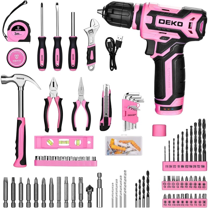 Pink Drill Tool Set Kit DEKOPRO Power Cordless Drill Tool