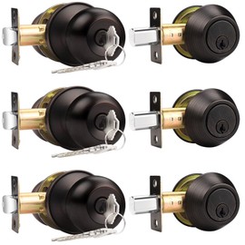 Probrico Oil Rubbed Bronze Door Knobs with Single Cylinder Deadbolts, Keyed Alike Exterior Door Handleset Combo Pack, Lockset for Front Door and Outside Gate, 3 Set