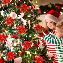 20Pcs Christmas Tree Flowers Decor with 20 Stems&Clips,Poinsettia Artificial Glitter Flowers,Christmas Glitter Artificial Poinsettia Flowers for Xmas Tree Wedding New Year Xmas Garland Wreath