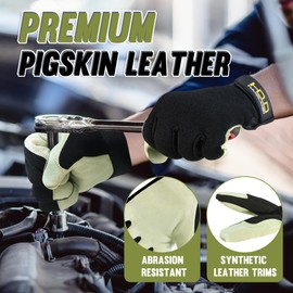 HANDLANDY Leather Work Gloves for Men & Women, Durable Glove for Gardening, Tig/Mig Welding, Construction, Chainsaw, Farm, Ranch. Utility, Firm Grip - White Black L