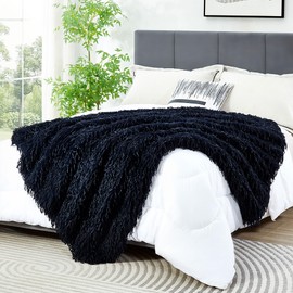 DREAMNINE Decorative Oversized Plush Fluffy Feather Faux Fur Throw Blanket 60" x 71", Soft Long Shaggy Fuzzy Blanket, Double Sided Warm Elegant Furry Blanket for Gift Wedding Bed, Twin Size, Navy Blue