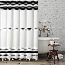 Seasonwood Black and White Shower Curtain with Tassels,Farmhouse Fabric for Bathroom,Heavy Weighted, 72 x 72