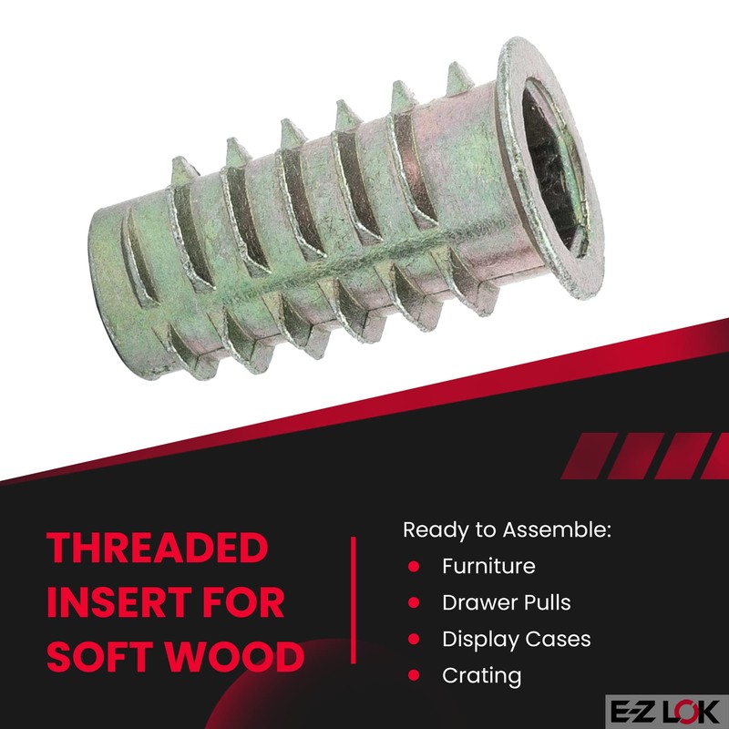 E-Z LOK Threaded Insert for Soft Wood, Zinc Hex-Flanged Thread